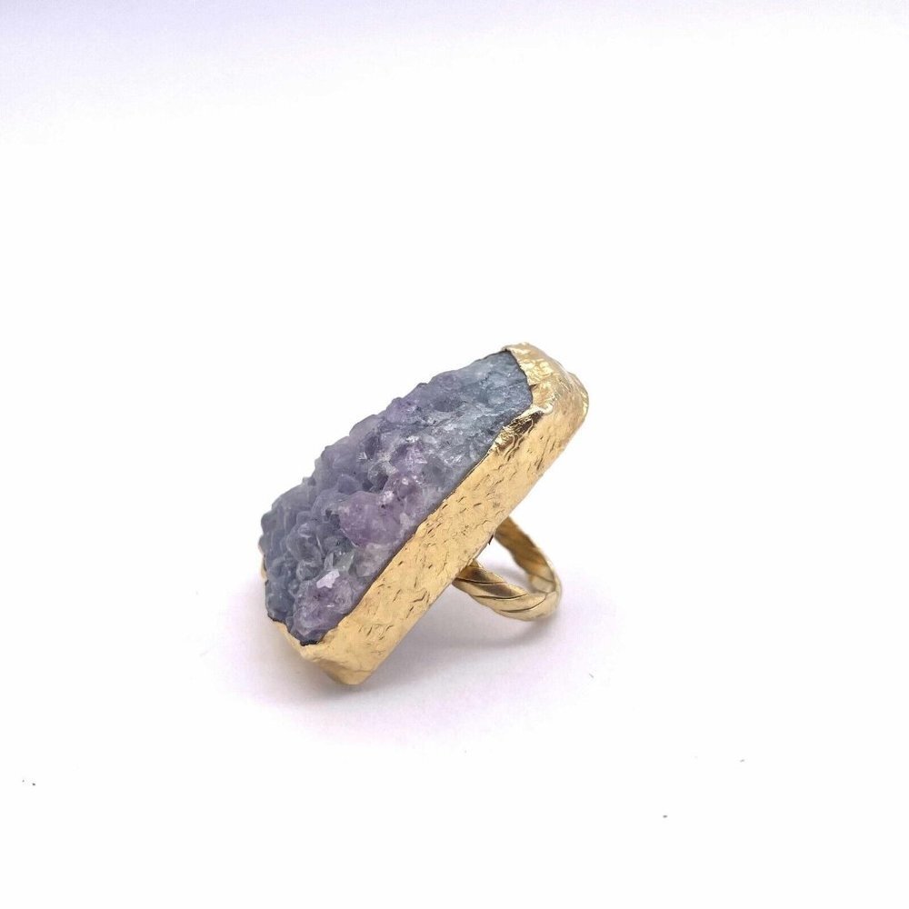 Druzy Purple Hammered Amethyst Cluster Ring Gold Tone Size 6.75